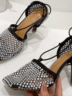 Sparkling Rhinestone Crossed Straps Hollow Out Heeled Sandal