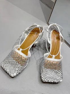 Sparkling Rhinestone Crossed Straps Hollow Out Heeled Sandal