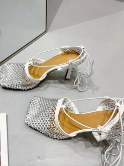 Sparkling Rhinestone Crossed Straps Hollow Out Heeled Sandal