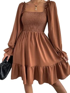 Square Neck Puff Sleeve Ruffle Hem Dress
