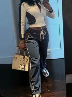 Stand Collar Slim Fit Jacket and Pants Set