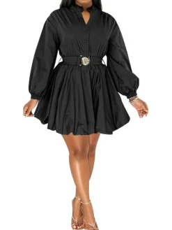 Stand Neck Puff Sleeve Belt Waist Mini Dress