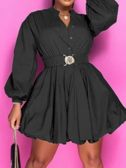 Stand Neck Puff Sleeve Belt Waist Mini Dress
