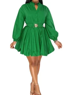 Stand Neck Puff Sleeve Belt Waist Mini Dress