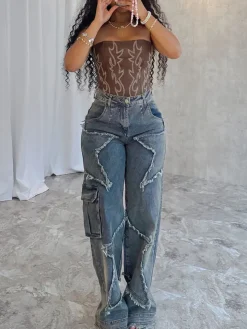 Star Fringe Raw Hem Loose Straight Leg Jeans