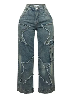 Star Fringe Raw Hem Loose Straight Leg Jeans