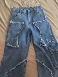 Star Fringe Raw Hem Loose Straight Leg Jeans