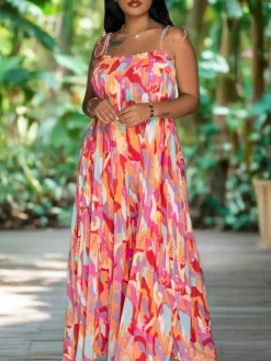 Strap Pleated Wide Leg Printed Jumpsuit