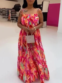 Strap Pleated Wide Leg Printed Jumpsuit