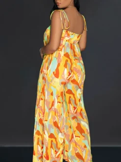 Strap Pleated Wide Leg Printed Jumpsuit