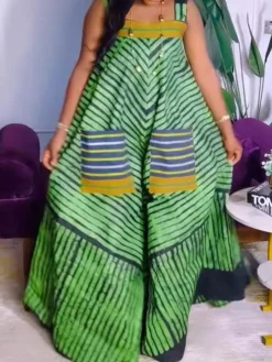 Strap Print Pockets Wide Leg Jumpsuit