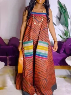 Strap Print Pockets Wide Leg Jumpsuit