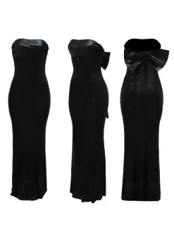 Strapless Bow Tie Back Sequin Maxi Dress