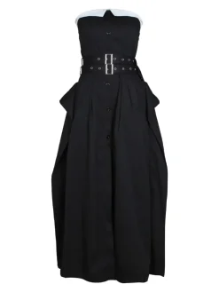 Strapless Button Front Belted A-Line Maxi Dress
