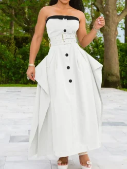 Strapless Button Front Belted A-Line Maxi Dress