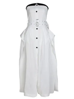 Strapless Button Front Belted A-Line Maxi Dress