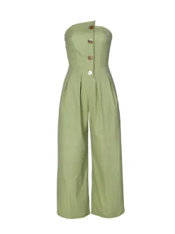 Strapless Button Wide-Leg Jumpsuit
