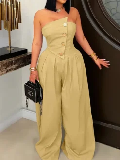 Strapless Button Wide-Leg Jumpsuit