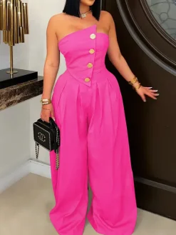 Strapless Button Wide-Leg Jumpsuit