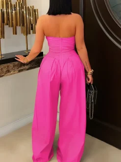 Strapless Button Wide-Leg Jumpsuit