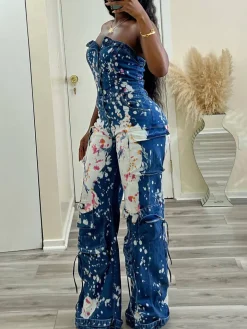 Strapless Color Paint Cargo Denim Jumpsuit