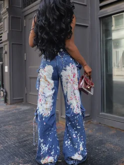 Strapless Color Paint Cargo Denim Jumpsuit
