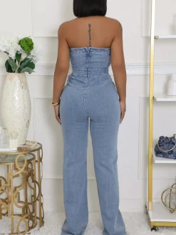Strapless Flared Leg Denim Jumpsuit