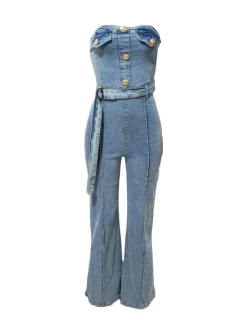 Strapless Flared Leg Denim Jumpsuit