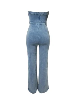 Strapless Flared Leg Denim Jumpsuit