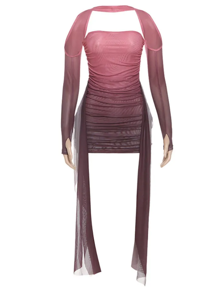Strapless Mesh Mini Dress with Scarf Gloves