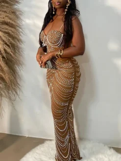 Strappy Rhinestone Mesh Maxi Dress