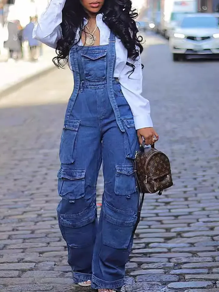 Street Style Multi-Pocket Loose Denim Jumpsuit