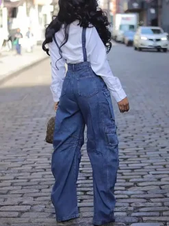 Street Style Multi-Pocket Loose Denim Jumpsuit