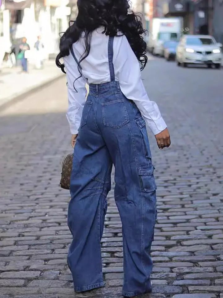 Street Style Multi-Pocket Loose Denim Jumpsuit