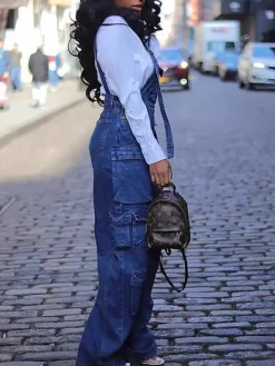 Street Style Multi-Pocket Loose Denim Jumpsuit