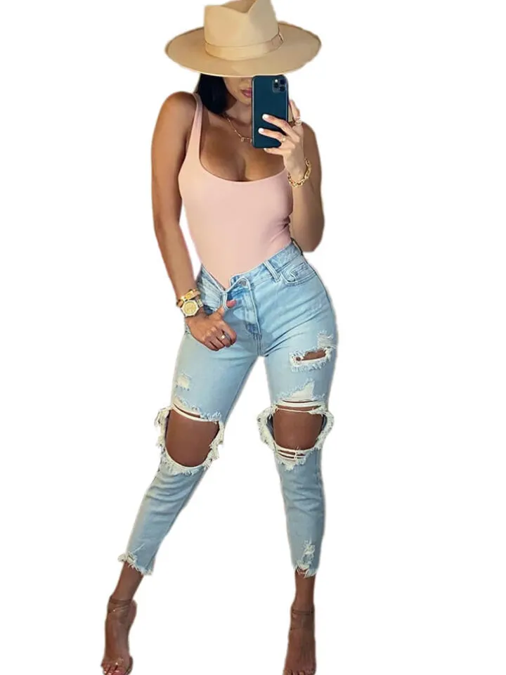 Stretchy Mid Waist Skinny Ripped Distressed Denim Jeans