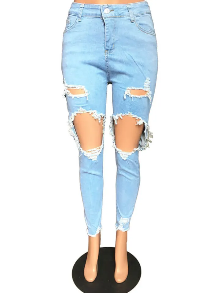 Stretchy Mid Waist Skinny Ripped Distressed Denim Jeans