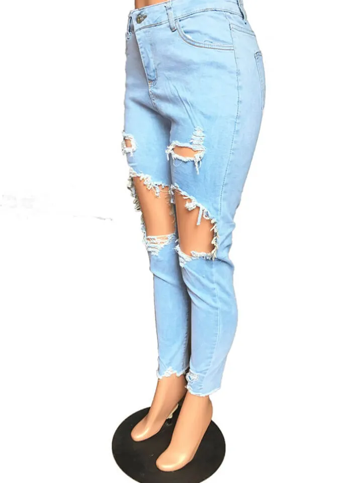 Stretchy Mid Waist Skinny Ripped Distressed Denim Jeans