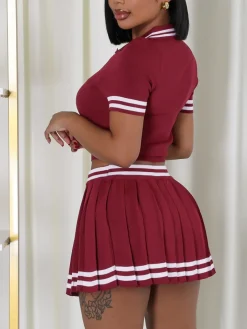 Stripe Knit Polo Crop Top Pleated Skirt Set