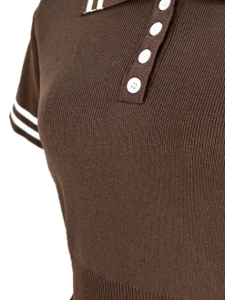 Stripe Knit Polo Crop Top Pleated Skirt Set