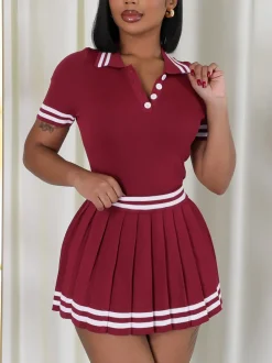Stripe Knit Polo Crop Top Pleated Skirt Set