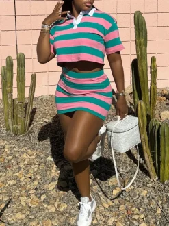 Striped Contrast Crop Top Skirt Set