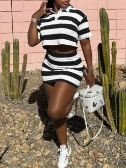 Striped Contrast Crop Top Skirt Set