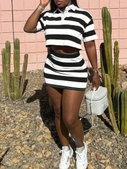 Striped Contrast Crop Top Skirt Set