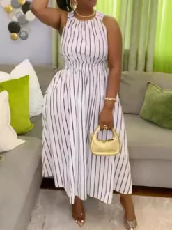 Striped Cross Strap Backless Flare Dress