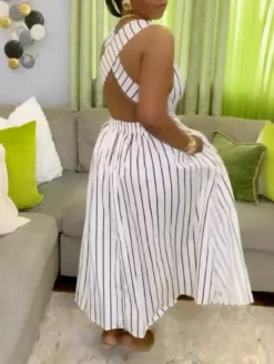 Striped Cross Strap Backless Flare Dress