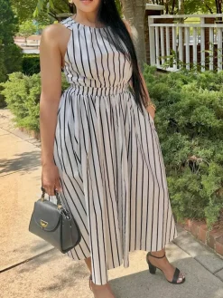 Striped Cross Strap Backless Flare Dress