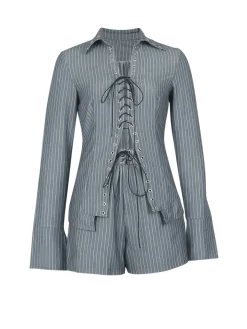 Striped Lace-Up Shirt Shorts Set