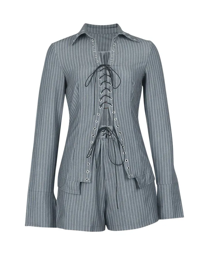 Striped Lace-Up Shirt Shorts Set