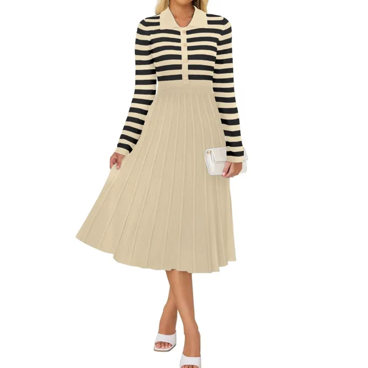 Striped Long Sleeve Button Ribbed Knit Dresses